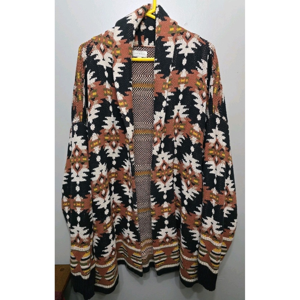 Lucky Brand Aztec Southwestern Cardigan Sweater Size L Shawl Collar Open Front